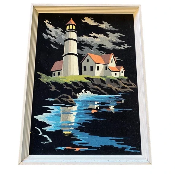 Vtg Paint by Number Painting Black Velvet Light House Scene Framed - Picture 1 of 3